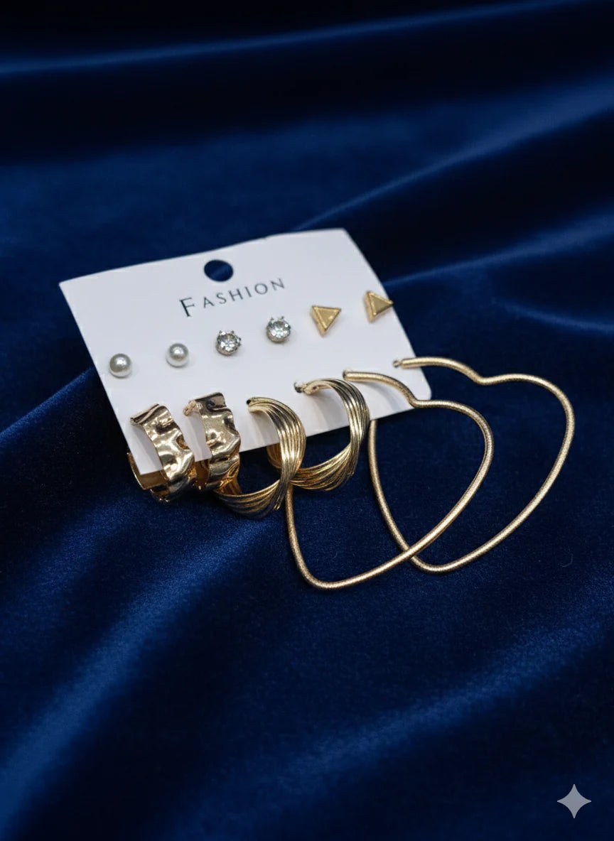 Trendy Gold Hoop & Stud Earrings Set for Women (6 Pairs)