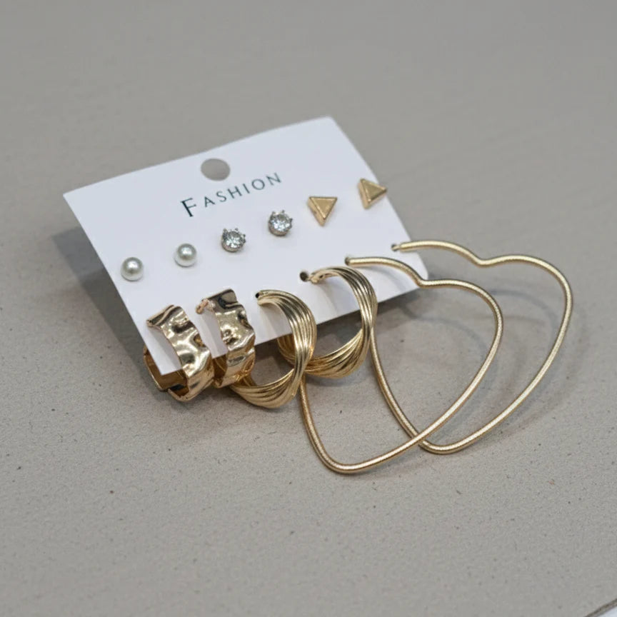 Trendy Gold Hoop & Stud Earrings Set for Women (6 Pairs)