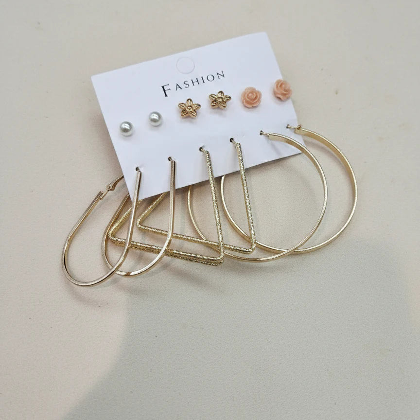 Trendy Gold Hoop & Stud Earrings Combo Set for Women (6 Pairs)