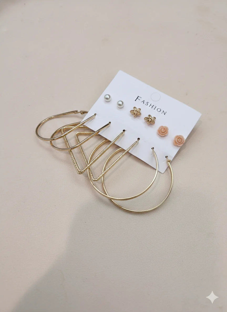 Trendy Gold Hoop & Stud Earrings Combo Set for Women (6 Pairs)
