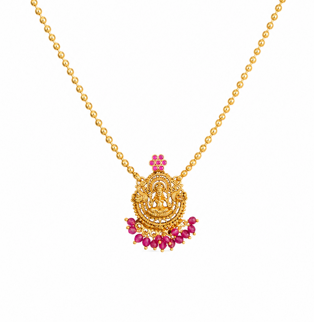 24K Premium Gold Plated Traditional Lakshmi Pendant Necklace with Ruby Pink Beads | Temple Jewellery for Women