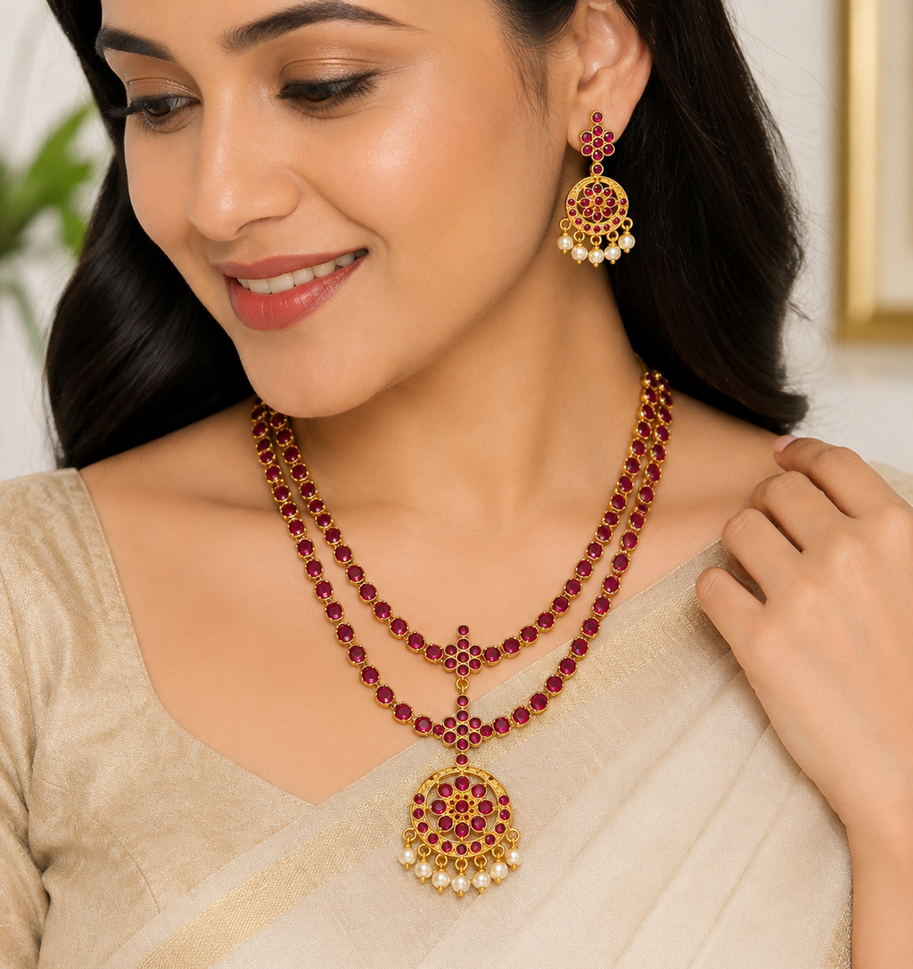 24K Gold Plated Traditional Ruby Stone Attigai Necklace Set with Pearl Drops | Bridal & Festive Jewellery for Women