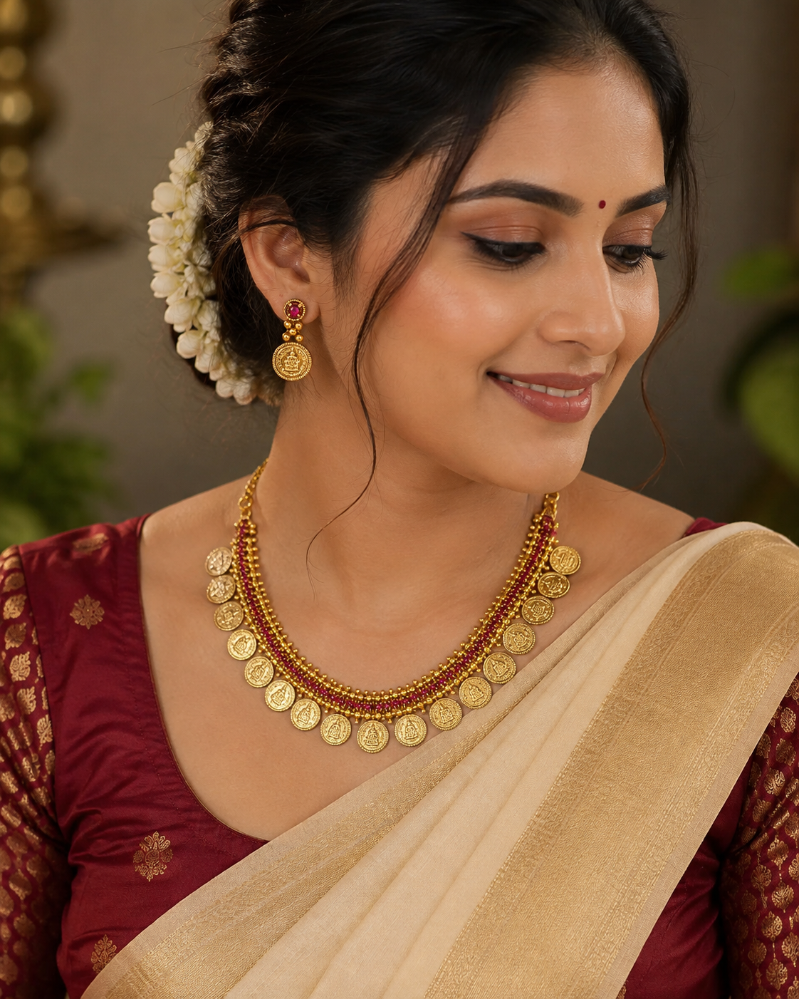 24K Premium Gold Plated Traditional Coin Necklace | Ruby Stone Temple Jewellery for Women