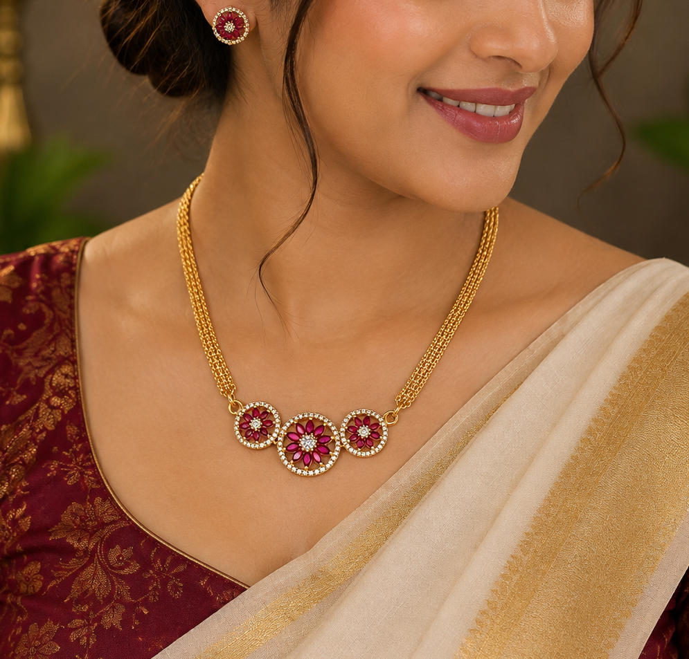 24K Gold Plated Floral Ruby Stone Necklace for Women | Elegant CZ Party Wear Haram Necklace