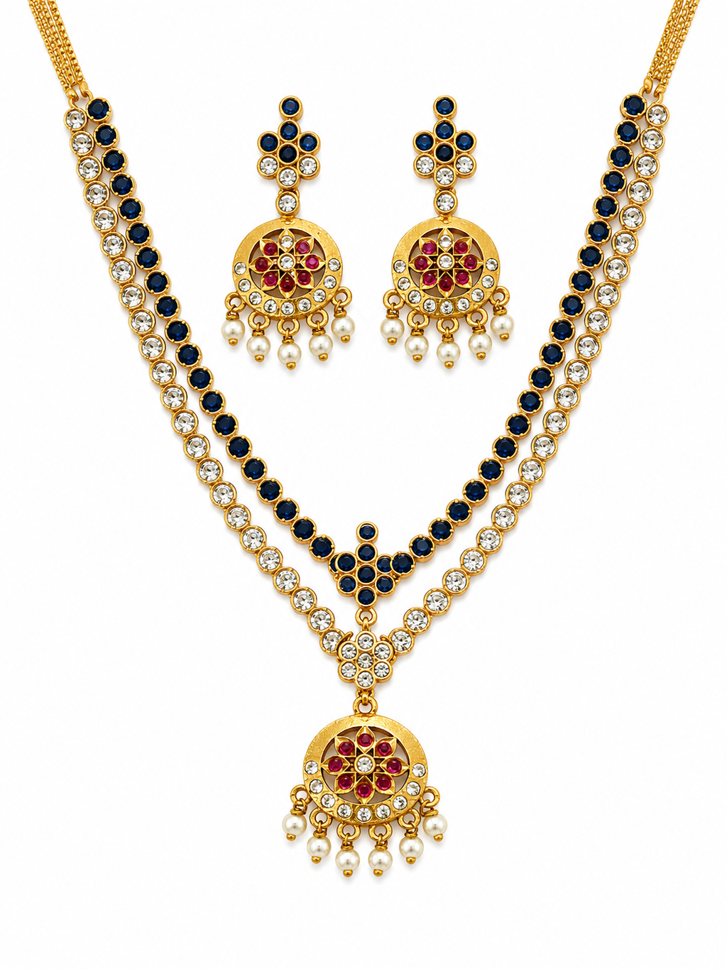 24K Gold Plated Traditional Attigai Necklace with Matching Earrings | Blue Stone, CZ & Pearl South Indian Jewellery