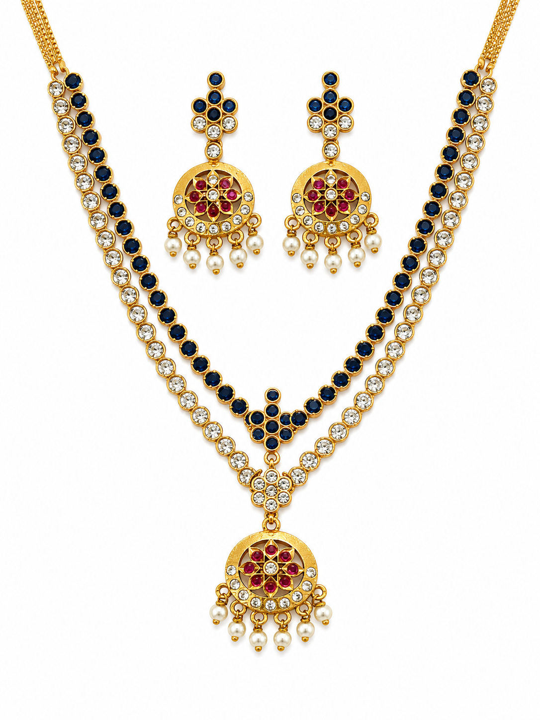24K Gold Plated Traditional Attigai Necklace with Matching Earrings | Blue Stone, CZ & Pearl South Indian Jewellery