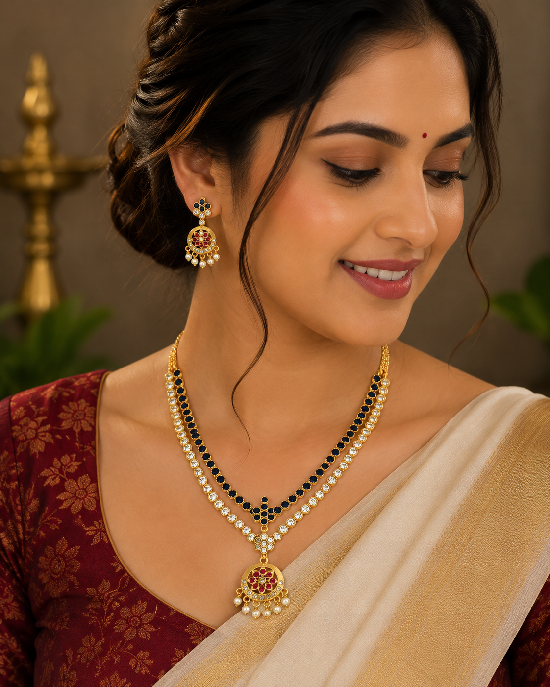 24K Gold Plated Traditional Attigai Necklace with Matching Earrings | Blue Stone, CZ & Pearl South Indian Jewellery
