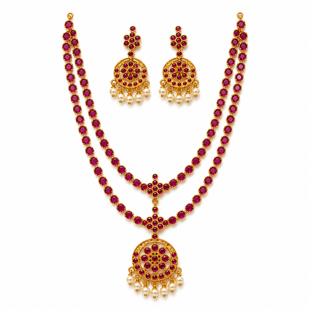24K Gold Plated Traditional Ruby Stone Attigai Necklace Set with Pearl Drops | Bridal & Festive Jewellery for Women