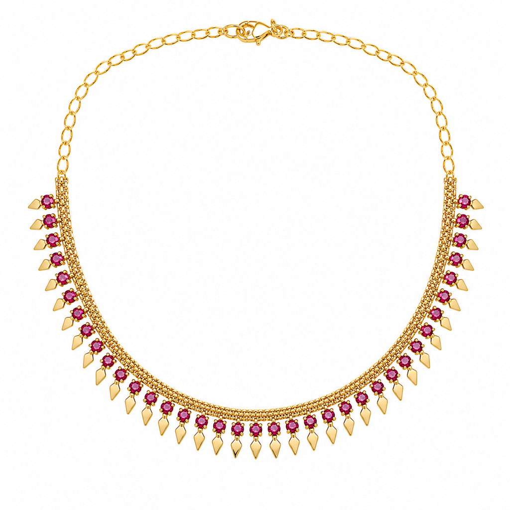 24K Premium Gold Plated Kerala Traditional Elakkathali Necklace with Pink Stones