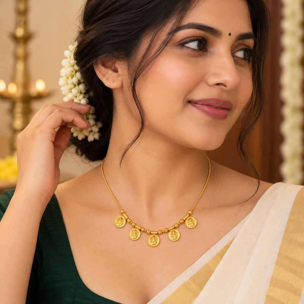24K Gold Plated Traditional Lakshmi Coin Necklace | Temple Jewellery for Women