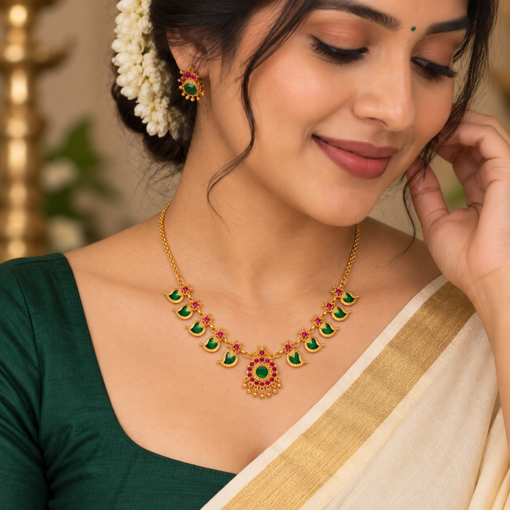 24k Gold Plated Traditional Mango Necklace for Women | Ruby Finish Temple Jewellery