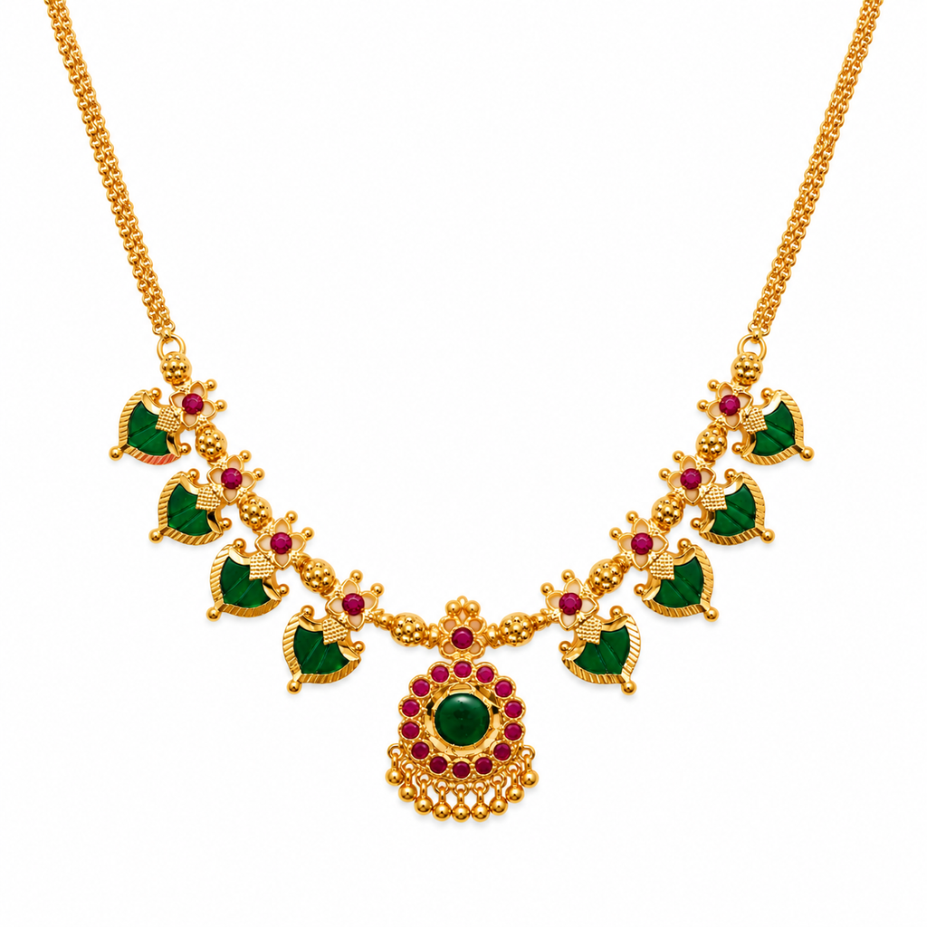 24K Gold Plated Traditional Kerala Palakka Necklace with Ruby Stones for Women