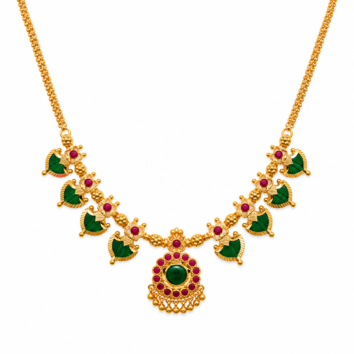 24K Gold Plated Traditional Kerala Palakka Necklace with Ruby Stones for Women