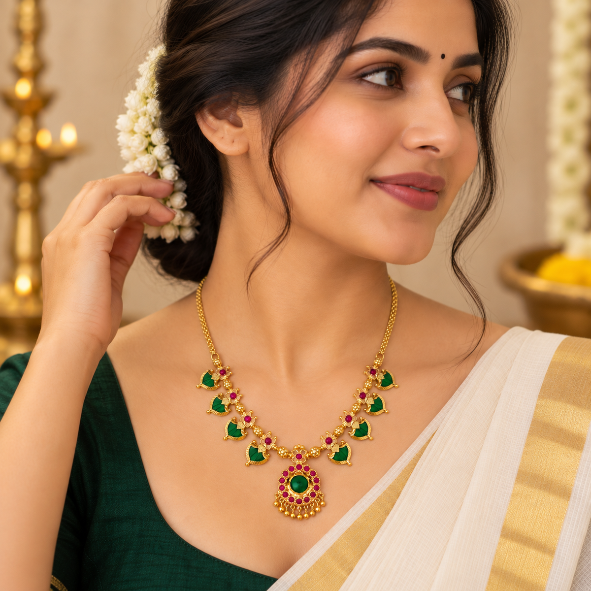 24K Gold Plated Traditional Kerala Palakka Necklace with Ruby Stones for Women