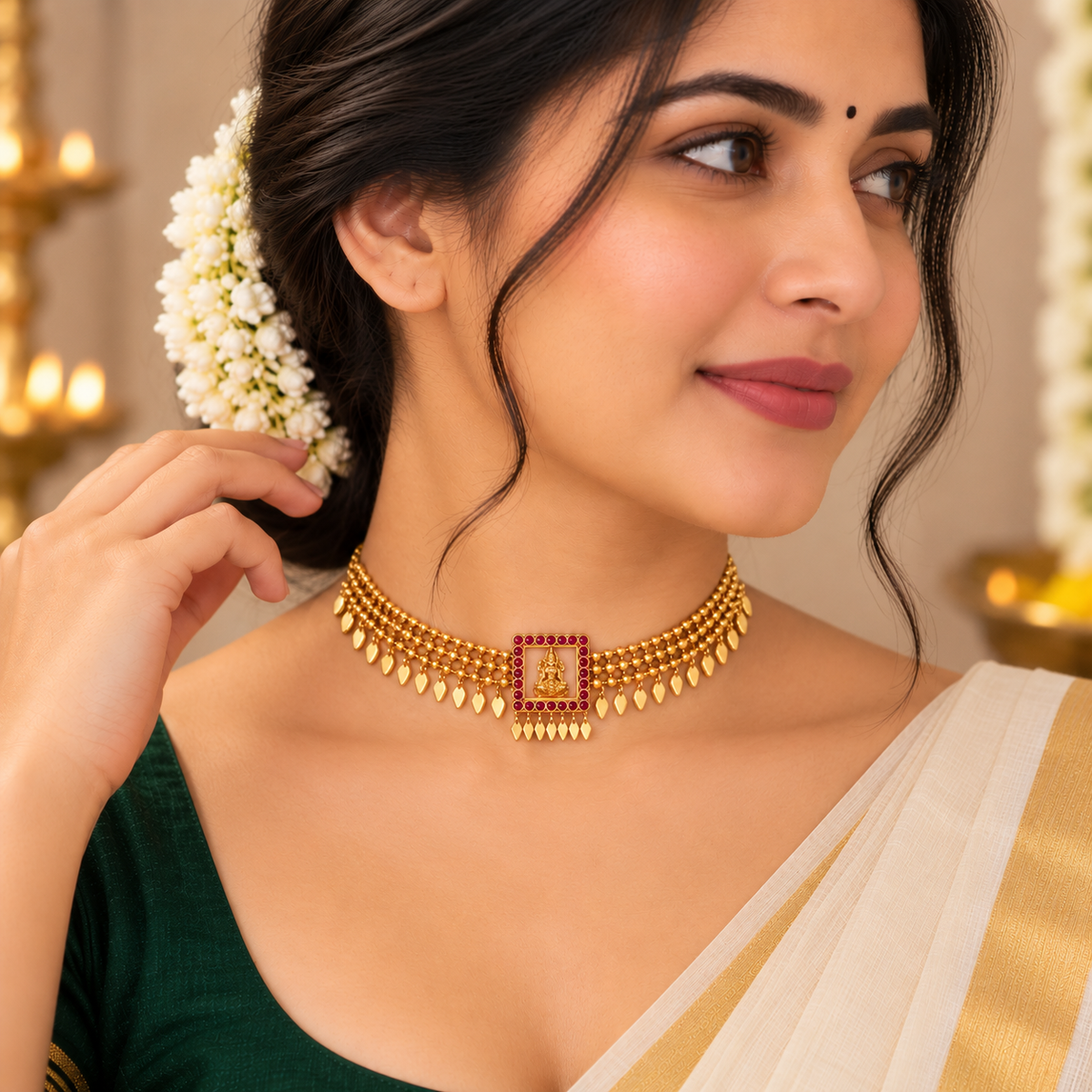 24K Gold Plated Lakshmi Elakkathali Chocker Necklace for Women | 15 Inches