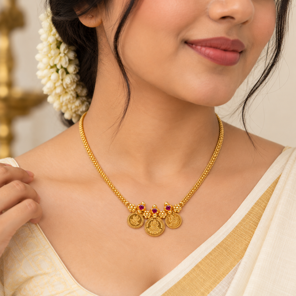 24K Traditional Lakshmi Coin Necklace with Ruby Stone for Women