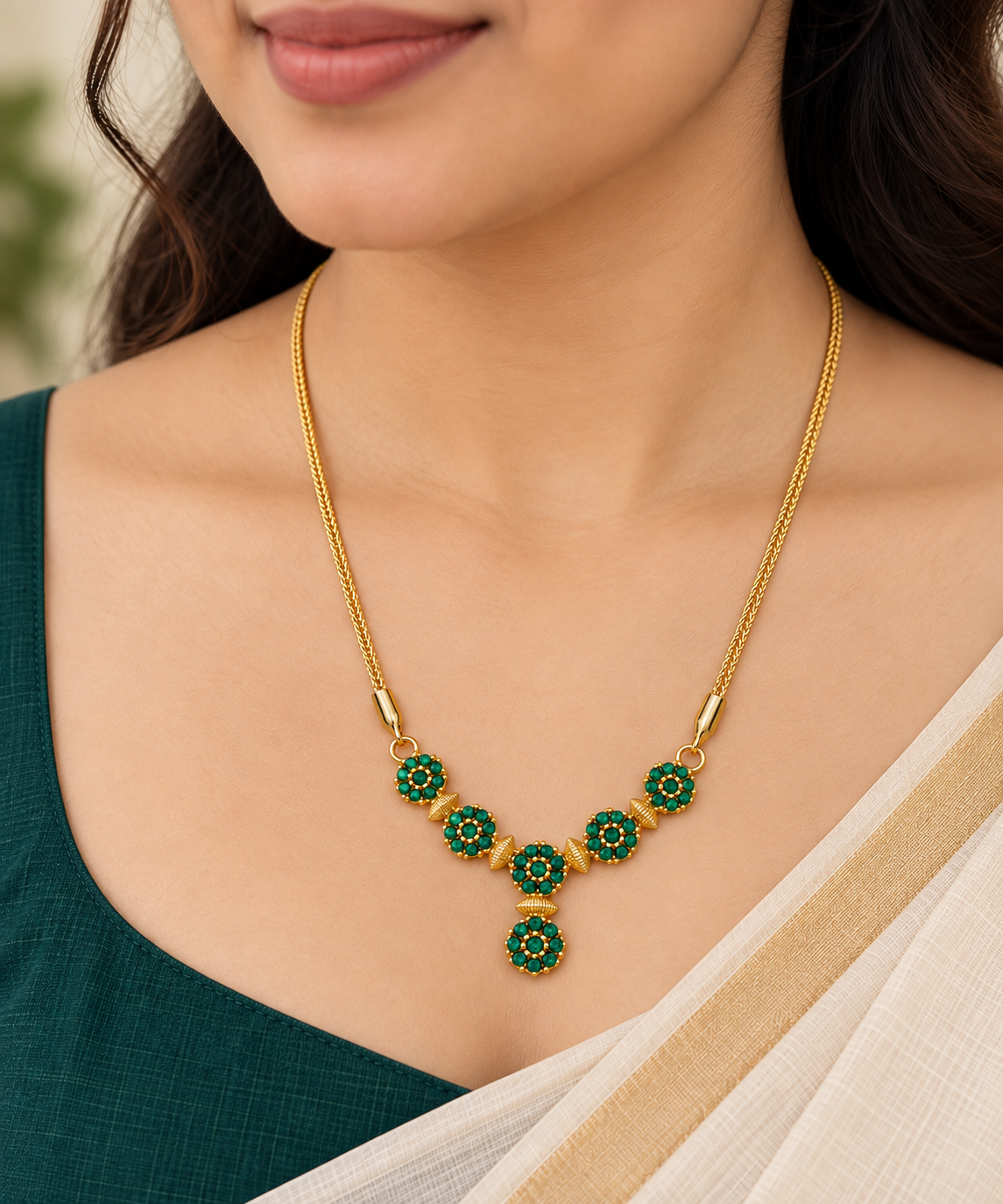 24K Gold Plated Green Stone Floral Necklace for Women | Elegant Gold Finish Necklace