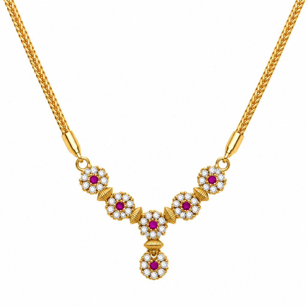 24K Micro Gold Plated Pink Stone Floral Necklace for Women | Elegant Traditional Necklace