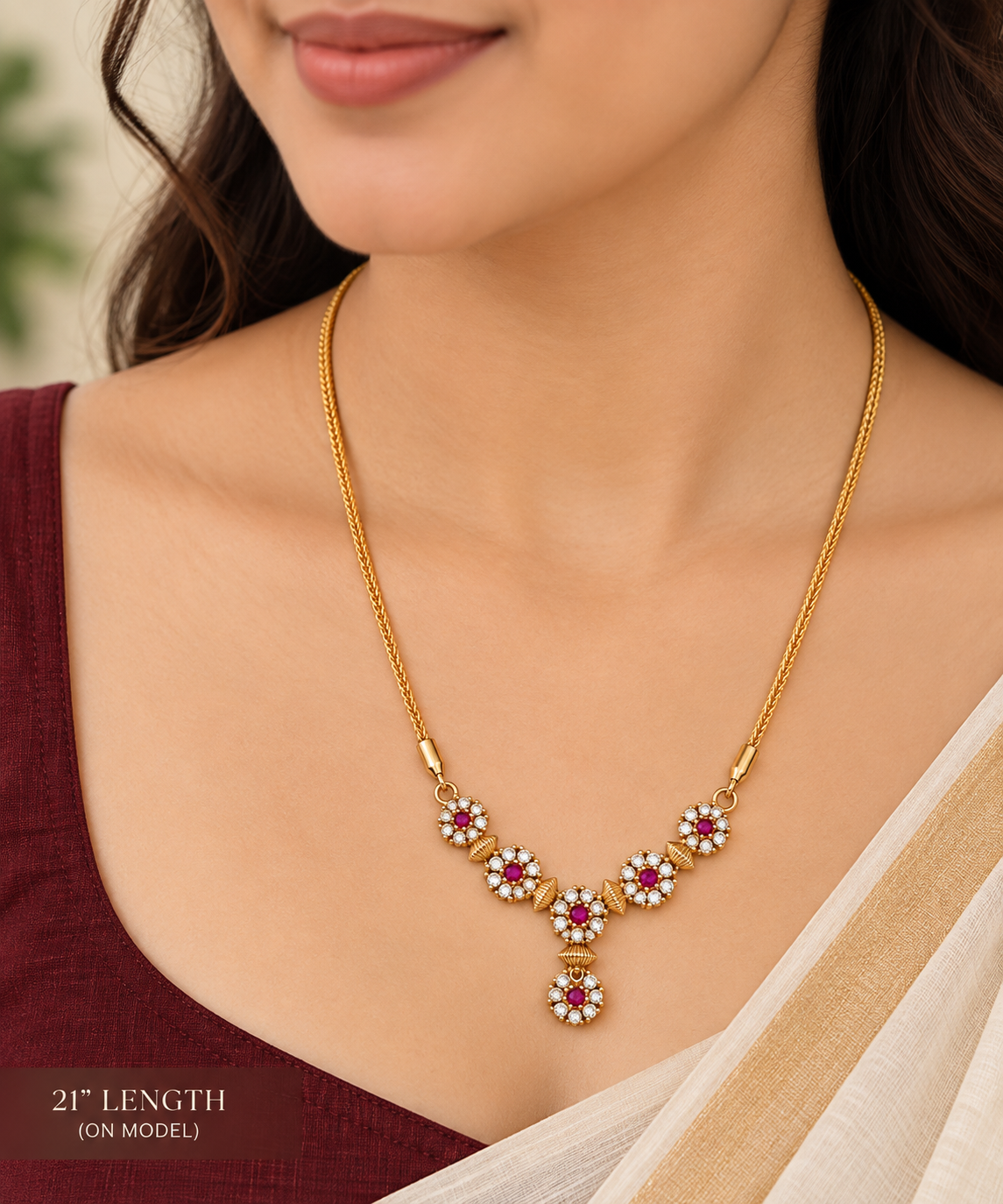 24K Micro Gold Plated Pink Stone Floral Necklace for Women | Elegant Traditional Necklace
