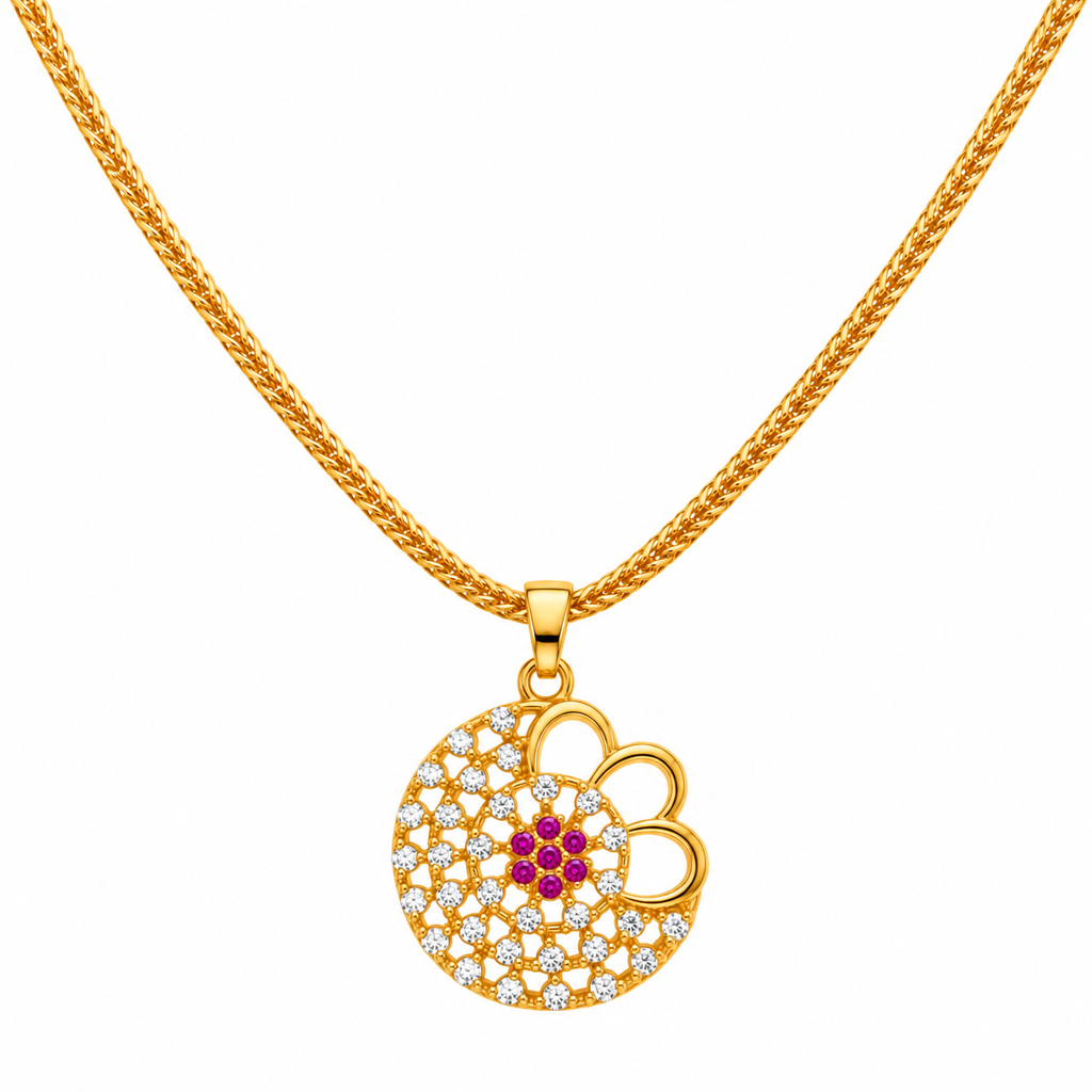 24K Gold Plated Floral Pink Stone Pendant Necklace for Women | Elegant Designer Necklace
