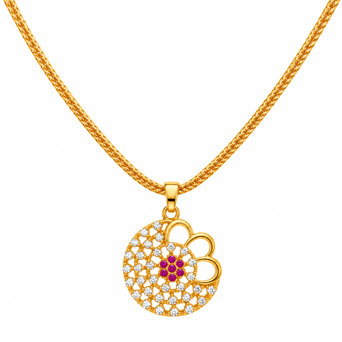 24K Gold Plated Floral Pink Stone Pendant Necklace for Women | Elegant Designer Necklace