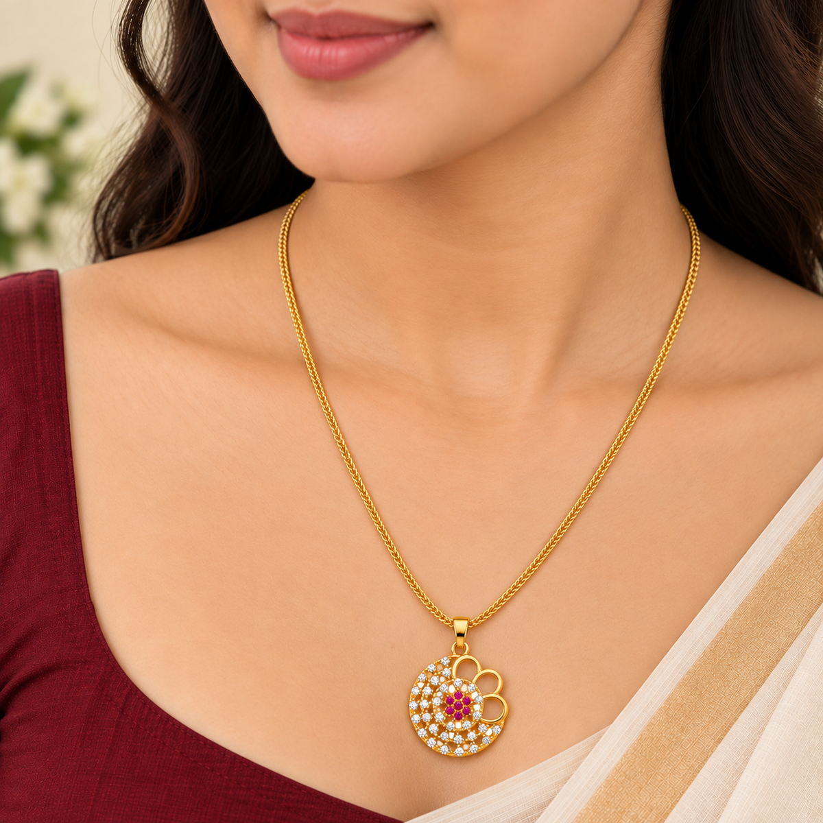 24K Gold Plated Floral Pink Stone Pendant Necklace for Women | Elegant Designer Necklace