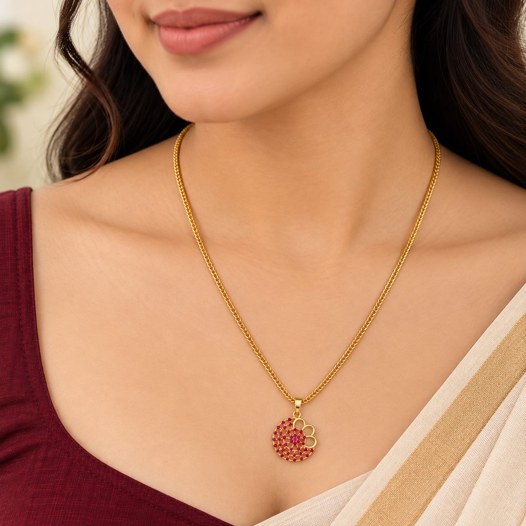 24K Gold Plated Ruby Floral Pendant Necklace for Women | Elegant Gold Finish Necklace