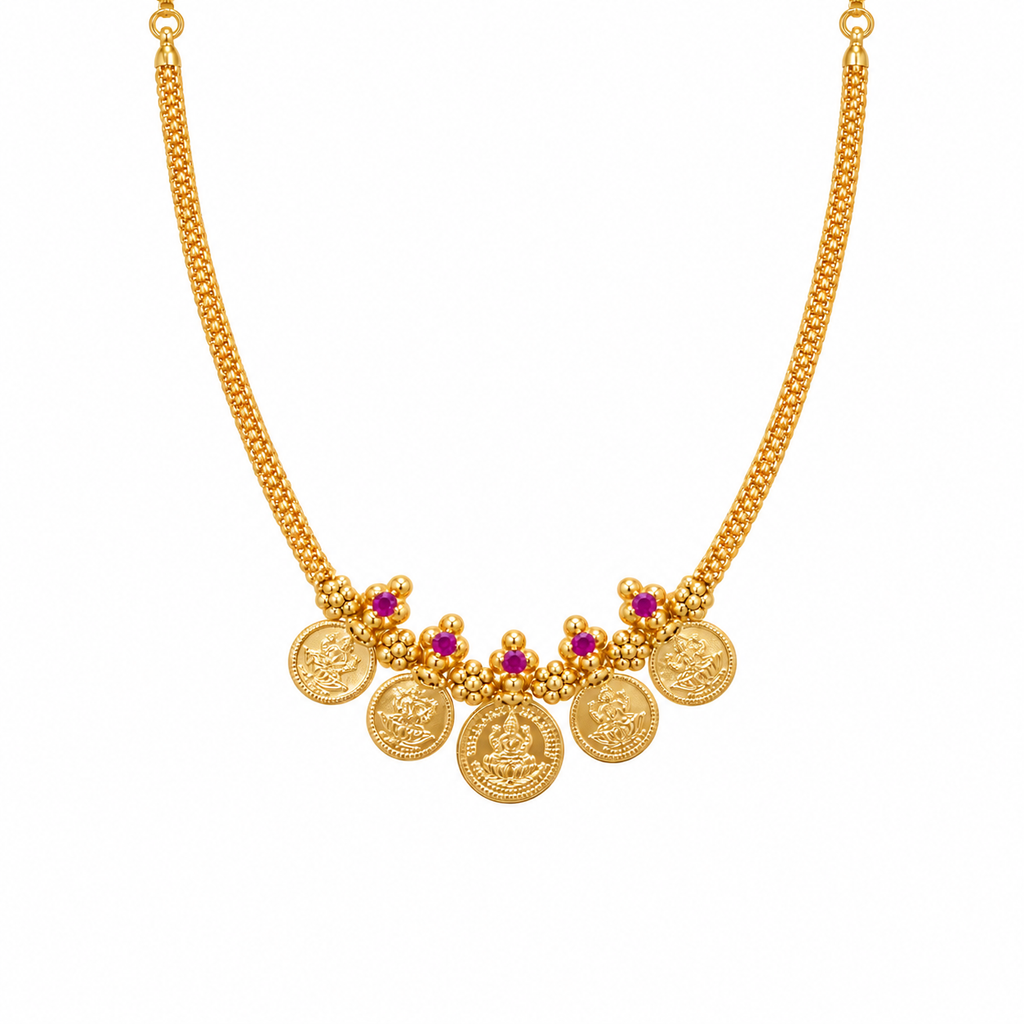 24K Gold Plated Traditional Lakshmi Coin Necklace for Women |  Temple Jewellery with Ruby Stones