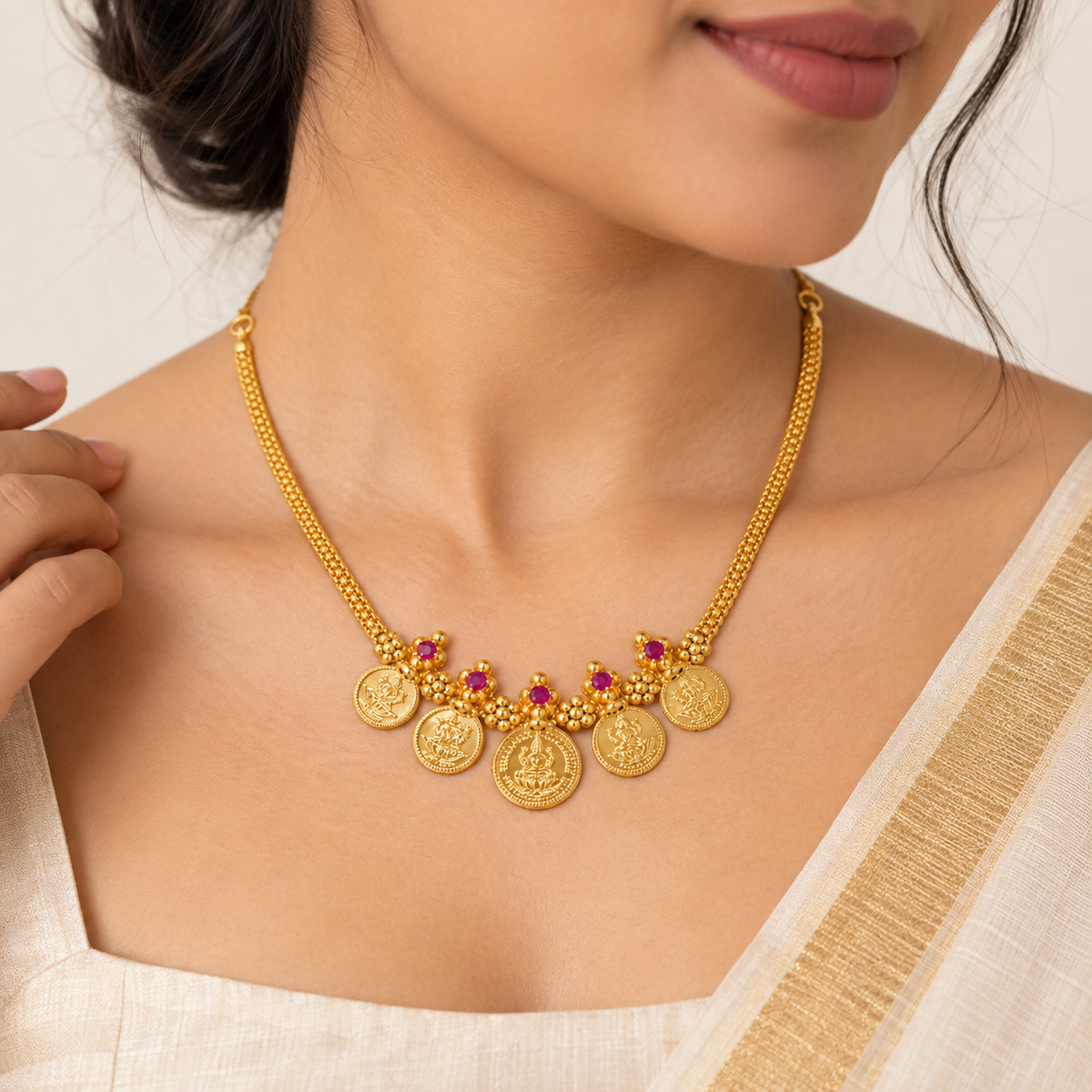 24K Gold Plated Traditional Lakshmi Coin Necklace for Women |  Temple Jewellery with Ruby Stones