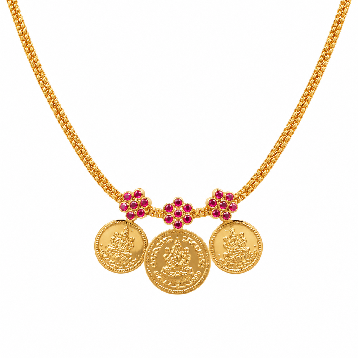 24K Gold Plated Lakshmi Coin Necklace for Women | Traditional Temple Jewellery with Ruby Stone Floral Design | Elegant South Indian Necklace