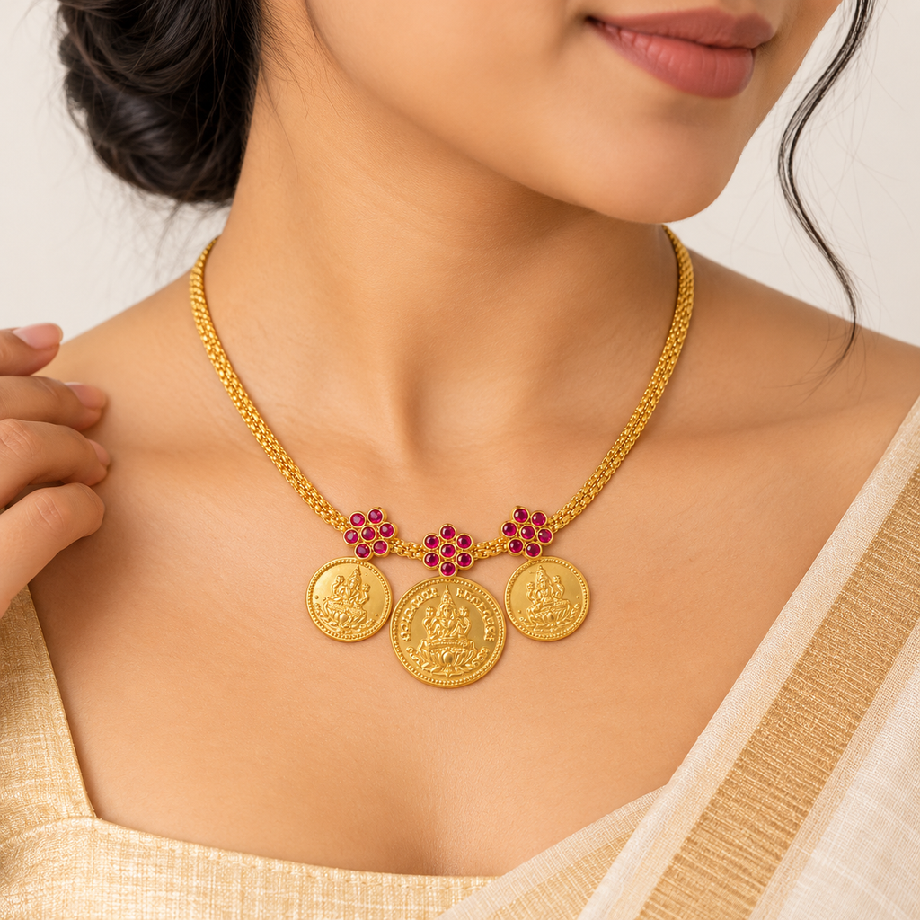 24K Gold Plated Lakshmi Coin Necklace for Women | Traditional Temple Jewellery with Ruby Stone Floral Design | Elegant South Indian Necklace
