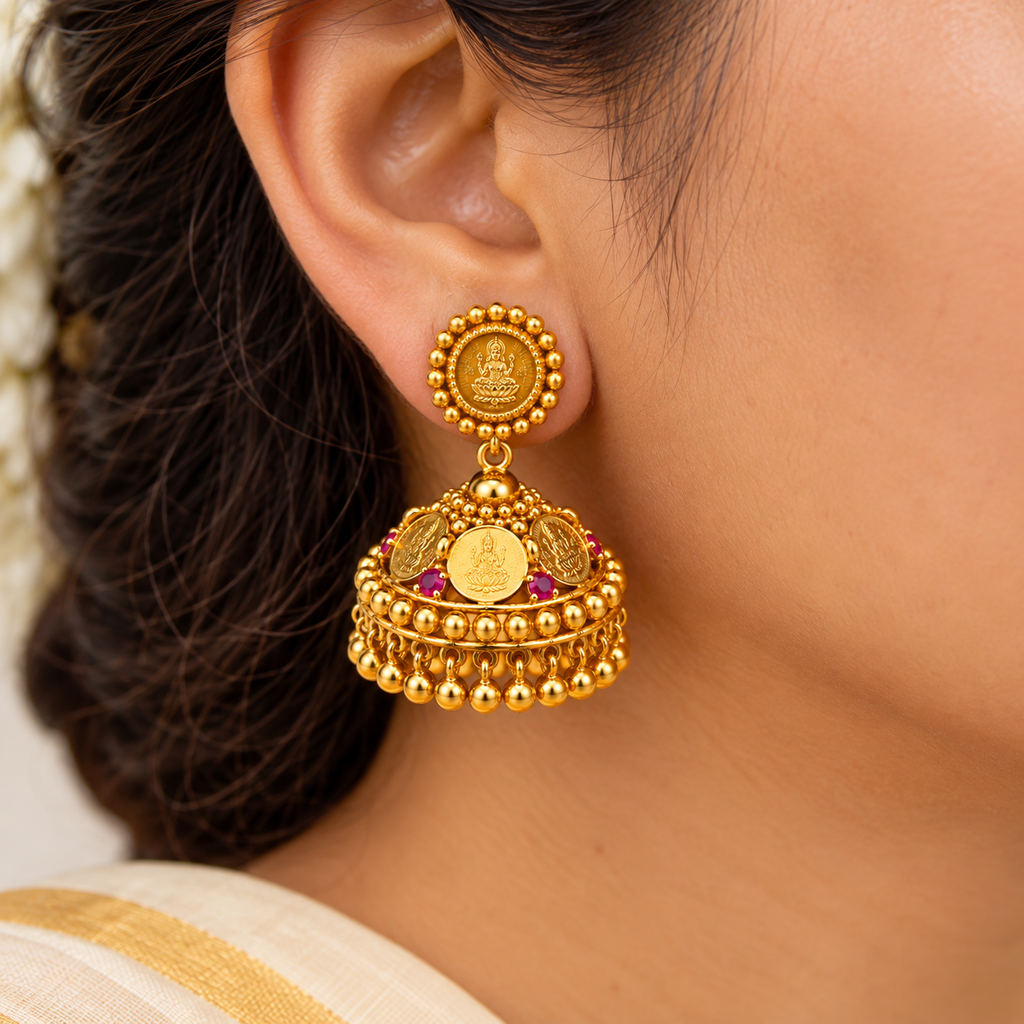 24K Gold Plated Lakshmi Coin Jhumka Earrings | Traditional Temple Jewellery