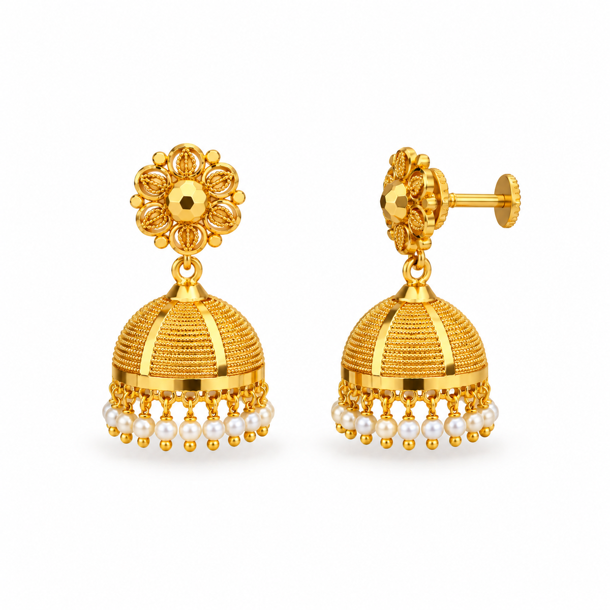 24K Gold Plated Floral Jhumka Earrings with Pearl Drops | Traditional Gold Jhumka