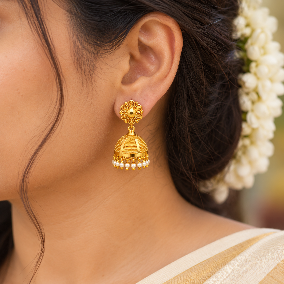 24K Gold Plated Floral Jhumka Earrings with Pearl Drops | Traditional Gold Jhumka