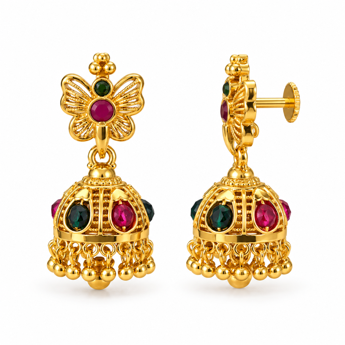 24K Gold Plated Designer Jhumka Earrings with Ruby & Green Stones | Traditional Jewellery