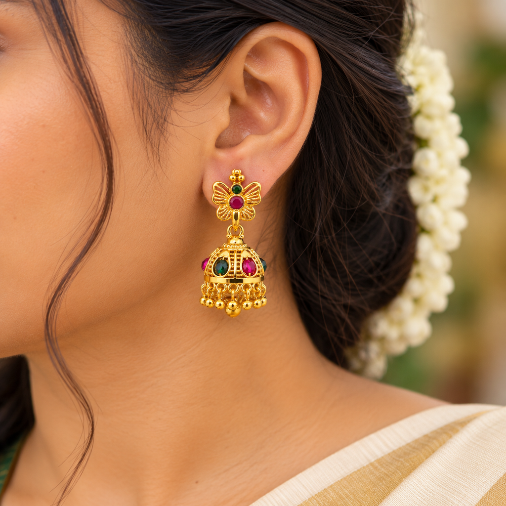 24K Gold Plated Designer Jhumka Earrings with Ruby & Green Stones | Traditional Jewellery