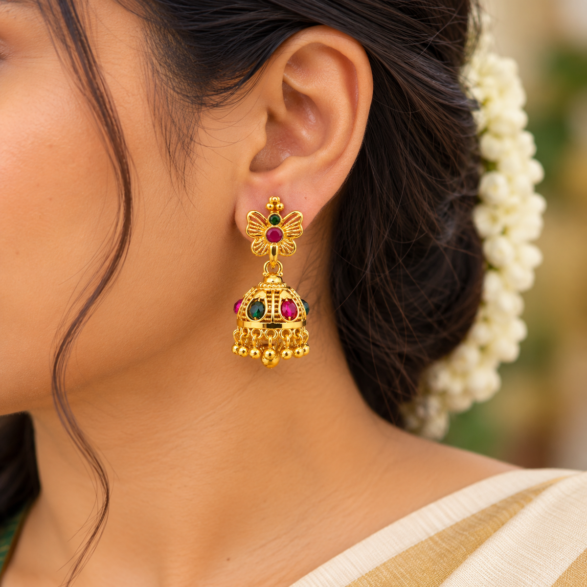 24K Gold Plated Designer Jhumka Earrings with Ruby & Green Stones | Traditional Jewellery