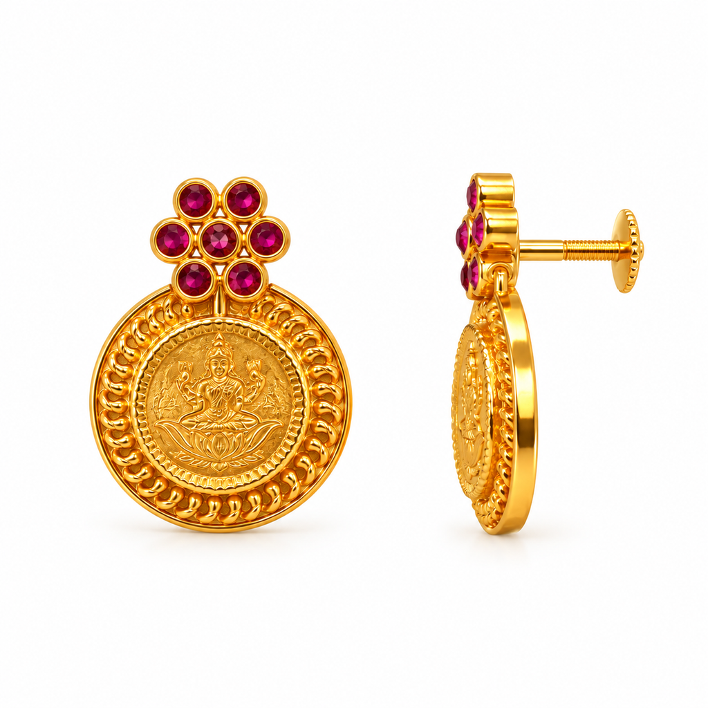 24K Gold Plated Lakshmi Coin Earrings | Traditional Temple Jewellery | Ruby Stone Stud Jhumka Earrings for Women