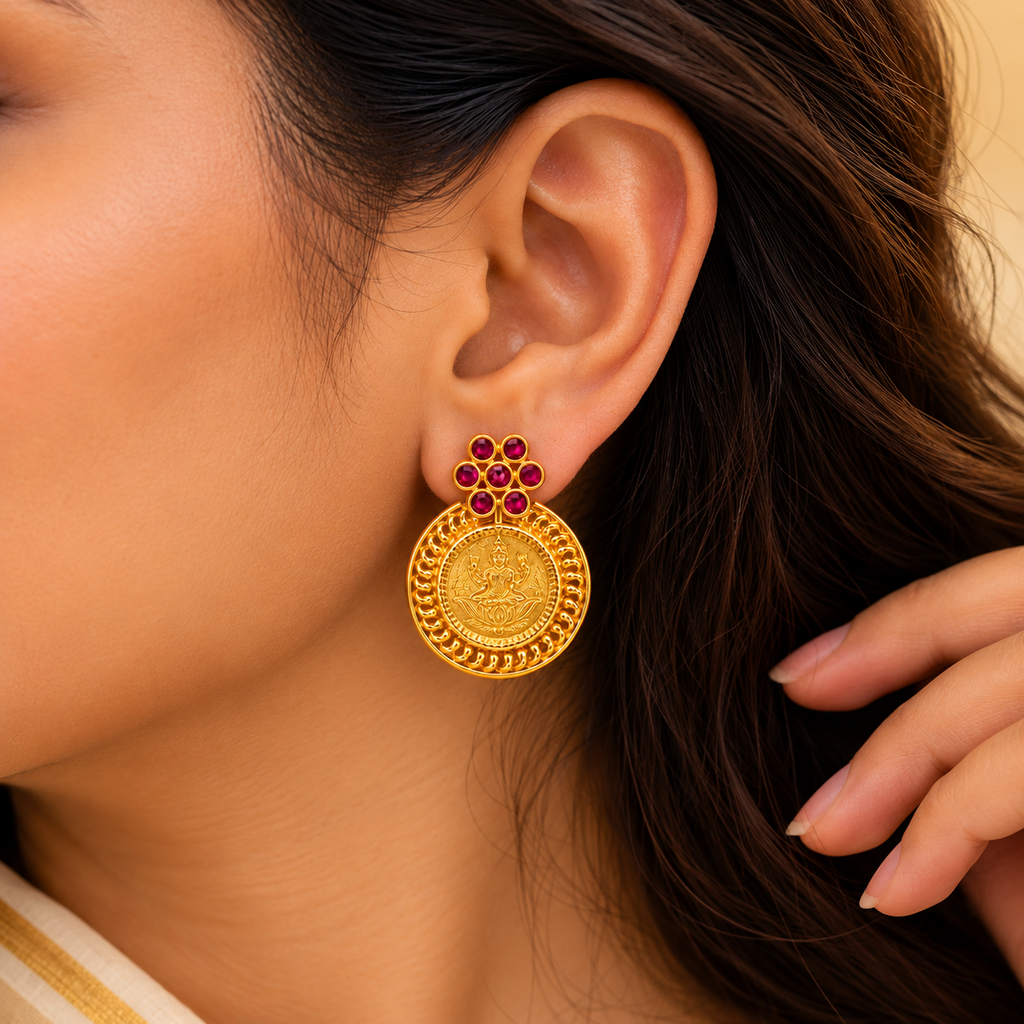 24K Gold Plated Lakshmi Coin Earrings | Traditional Temple Jewellery | Ruby Stone Stud Jhumka Earrings for Women