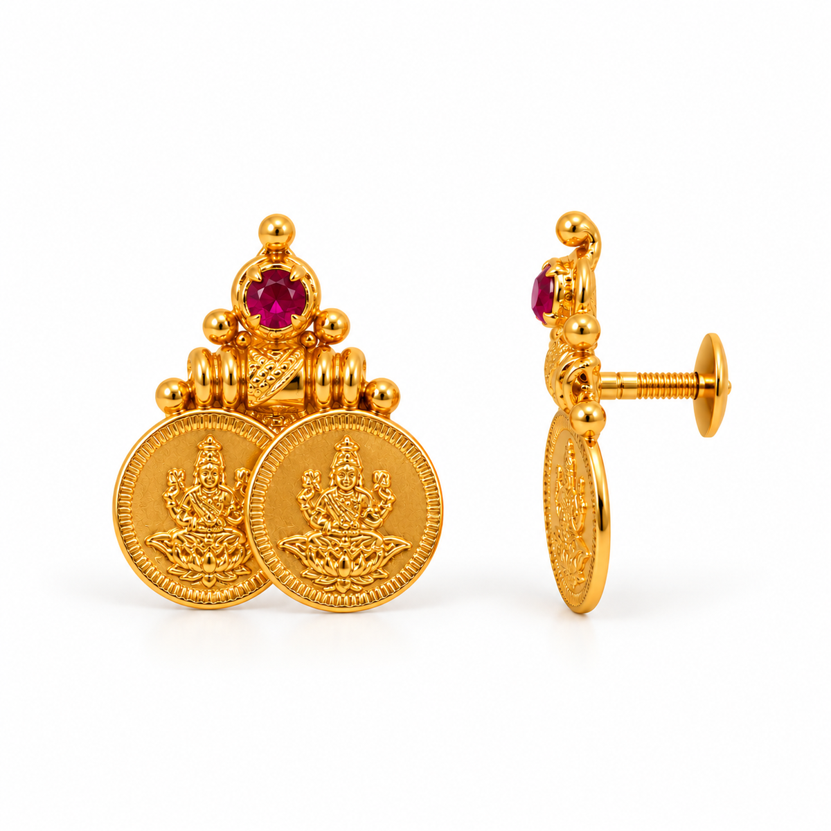 24k Gold Plated Lakshmi Coin Earrings with Ruby Stone – Traditional Temple Jewellery