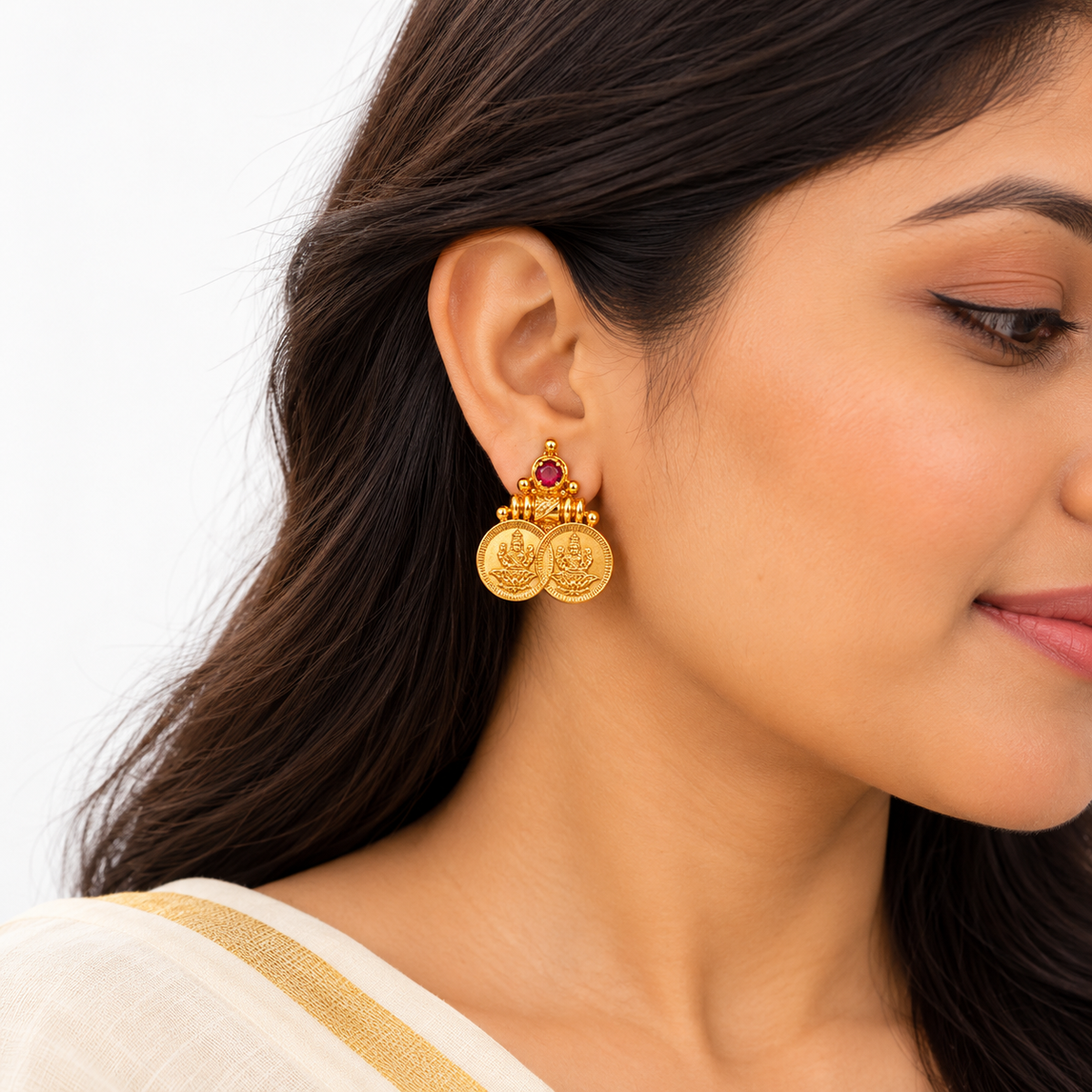 24k Gold Plated Lakshmi Coin Earrings with Ruby Stone – Traditional Temple Jewellery