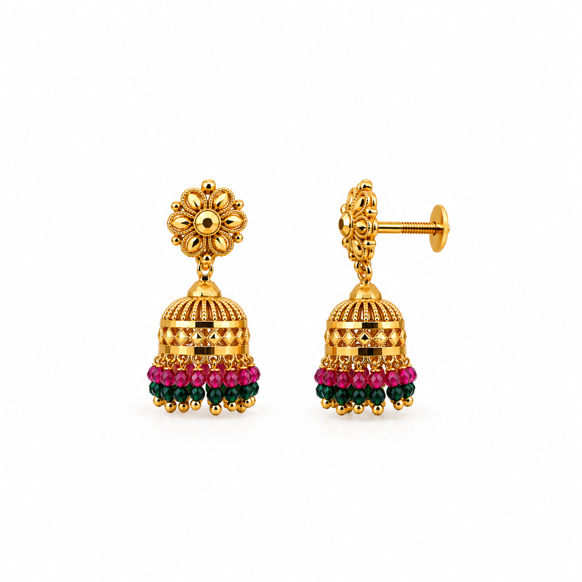 24k Gold Plated Traditional Jhumka Earrings with Pink & Green Beads – Temple Jewellery