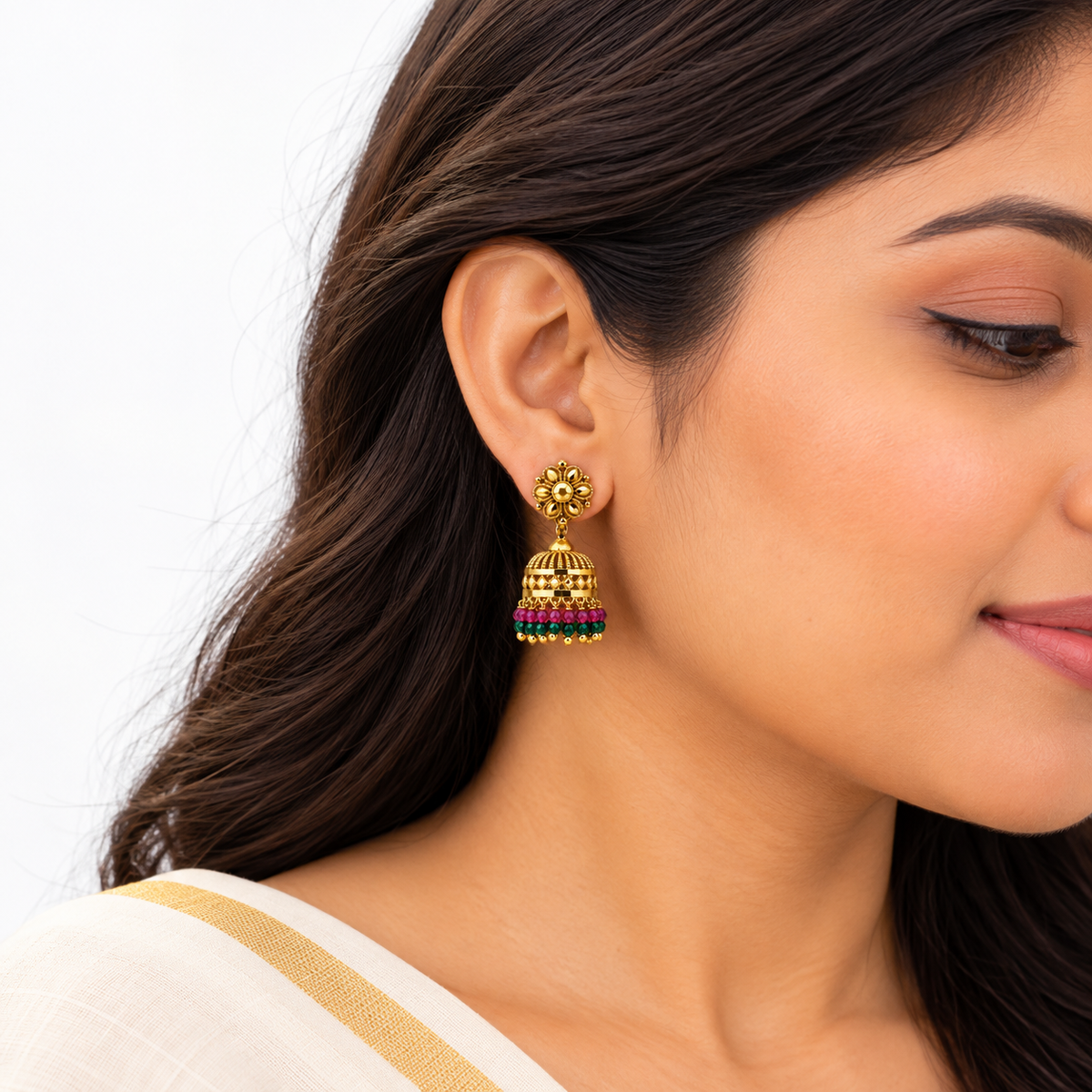 24k Gold Plated Traditional Jhumka Earrings with Pink & Green Beads – Temple Jewellery