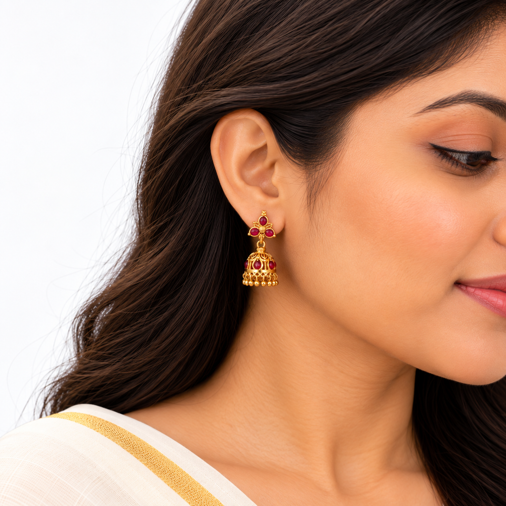 24k Gold Plated Red Stone Jhumka Earrings – Traditional Temple Jewellery