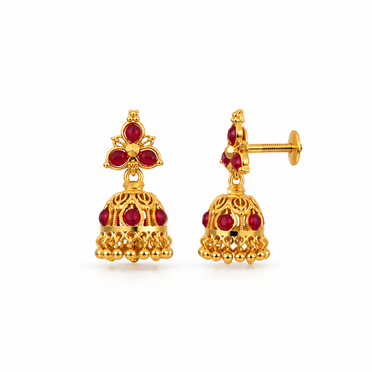 24k Gold Plated Red Stone Jhumka Earrings – Traditional Temple Jewellery
