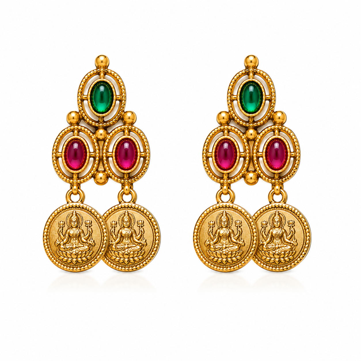 24K Gold Plated Traditional Lakshmi Coin Layered Necklace With Earring for Women | Ruby & Emerald Stone Temple Jewellery