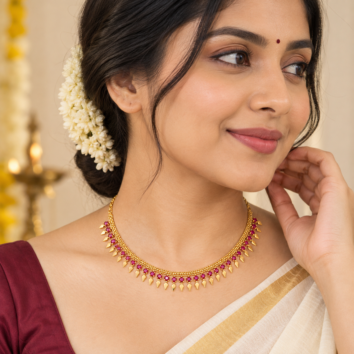 24K Premium Gold Plated Traditional Elakkathali Necklace with Pink Stones 18 Inches