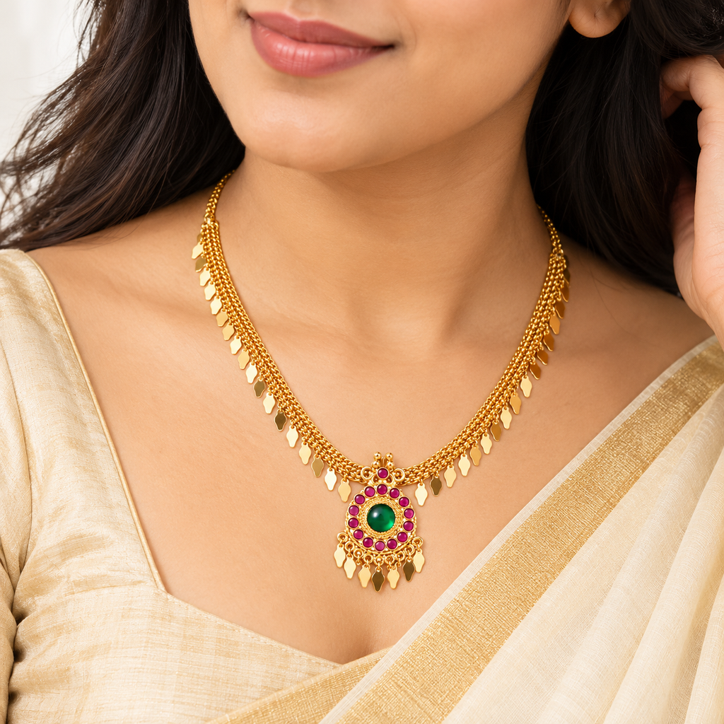 24k Gold Plated Elakkathali Necklace with Green and Pink Stone Pendant | Traditional Kerala Jewellery for Women