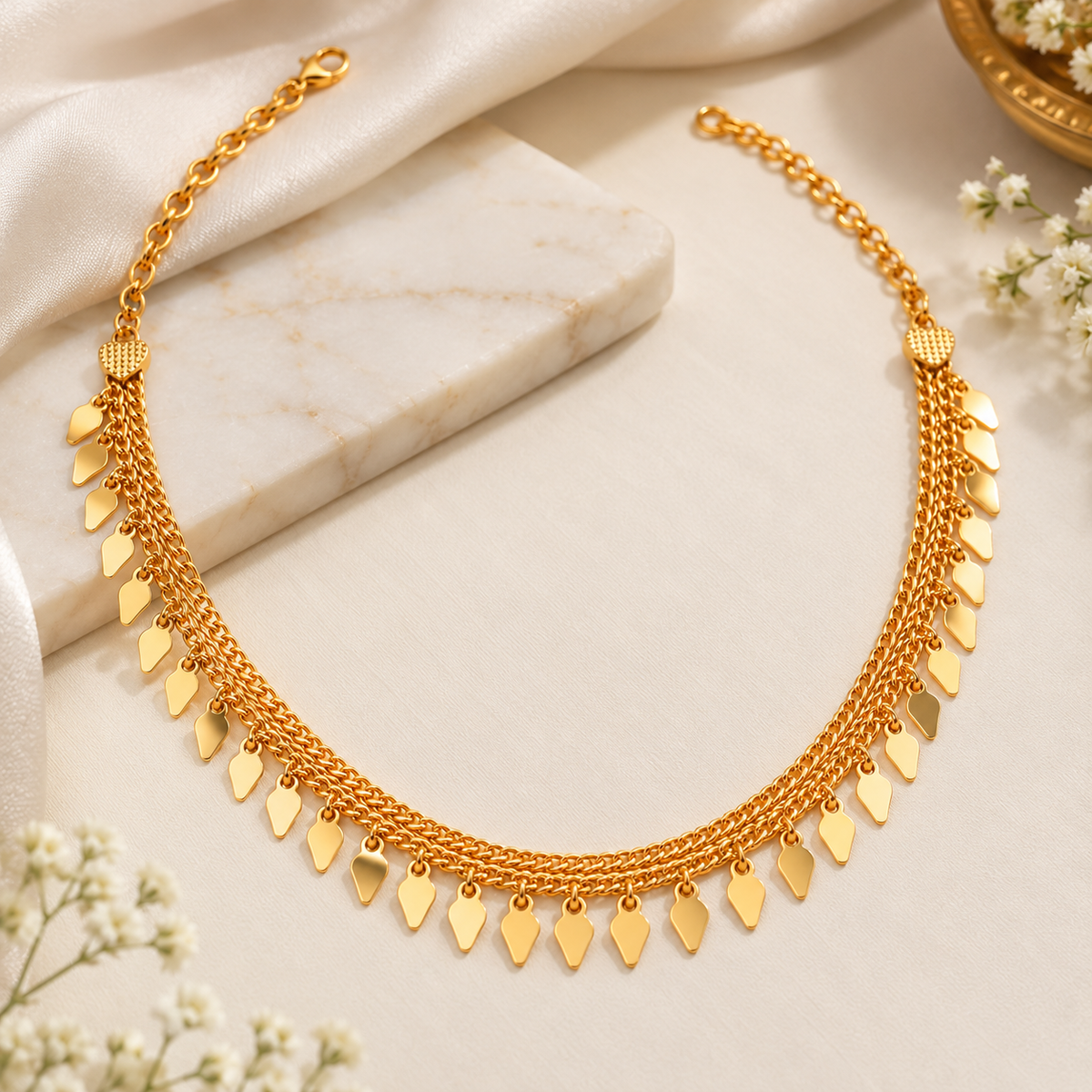 24K Premium Gold Plated Elegant Multi-Strand Droplet Necklace (Elakkathali), 18 Inches