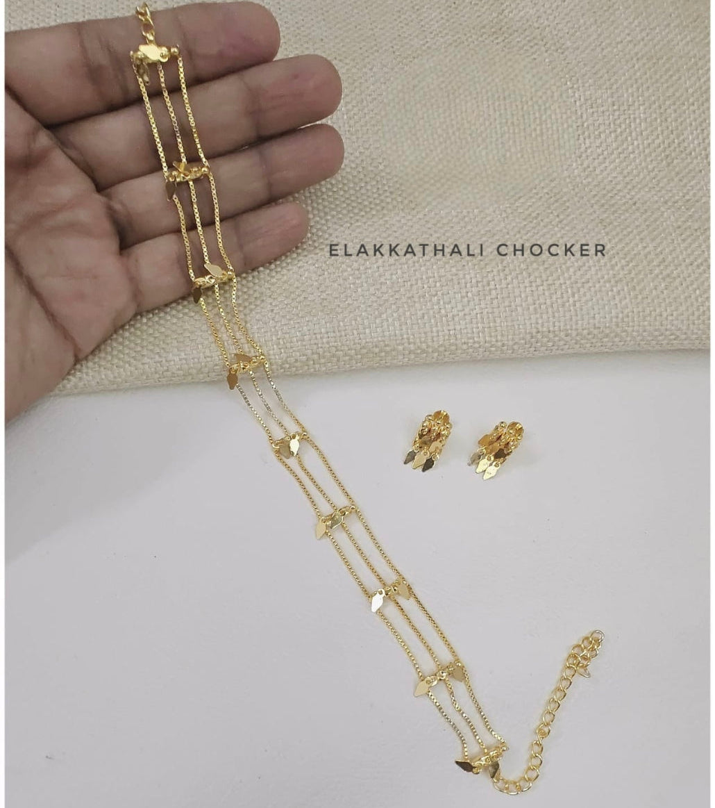 24K Premium Gold Plated Kerala Traditional Elakkathali Choker Set with Matching Earrings